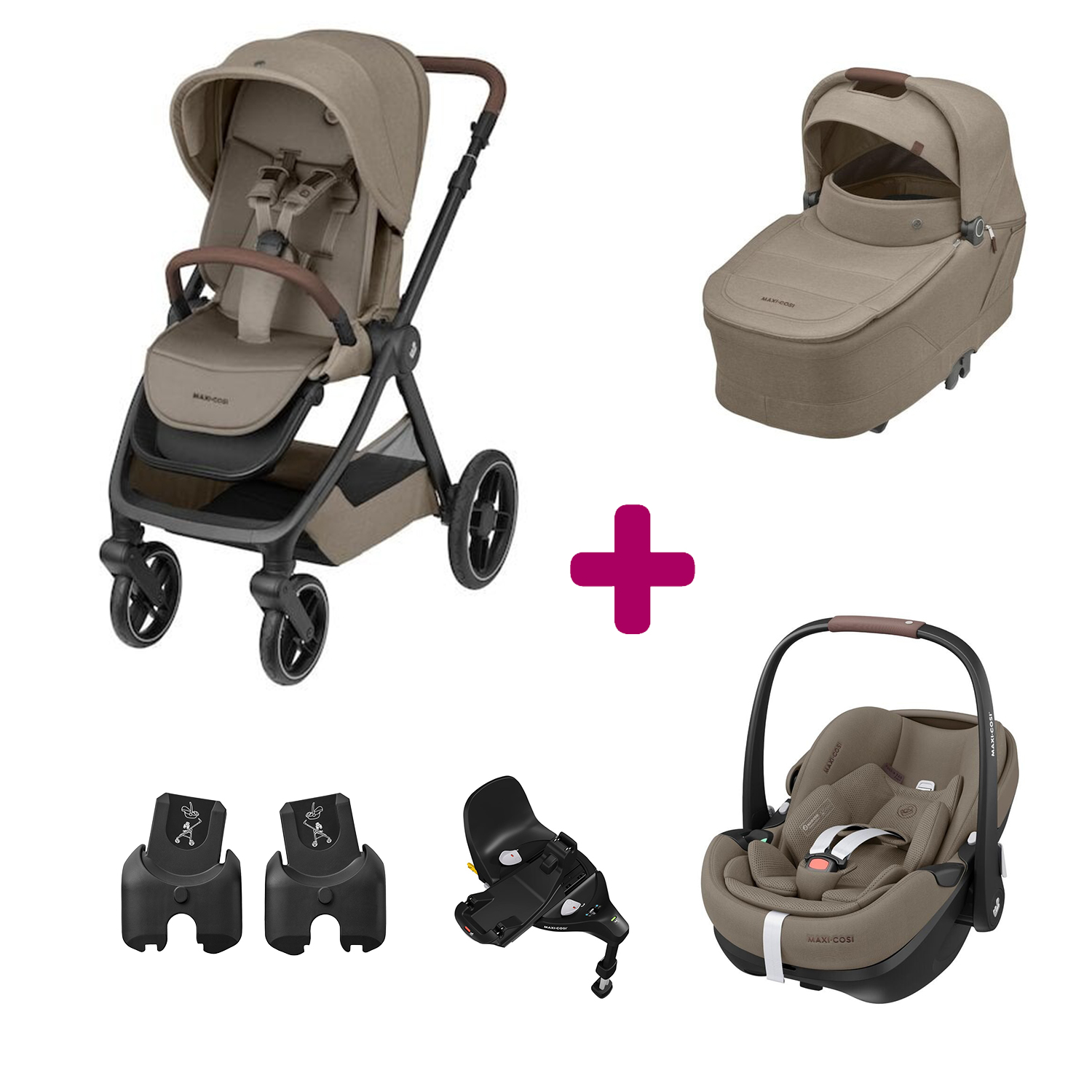 Maxi Cosi Pack Poussette Trio Oxford Twillic Truffle + Nacelle Twillic Truffle + adaptateurs coques + coque Pebble 360 pro 2 + base Familyfix 360 pro Unique