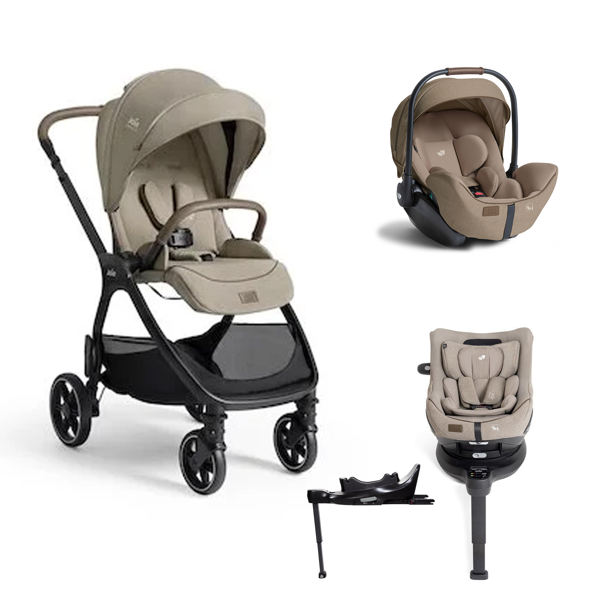 Joie Pack poussette duo XL Valora Sandstone + coque i-level pro + siège auto i-harbour pro + base isofix encore Unique