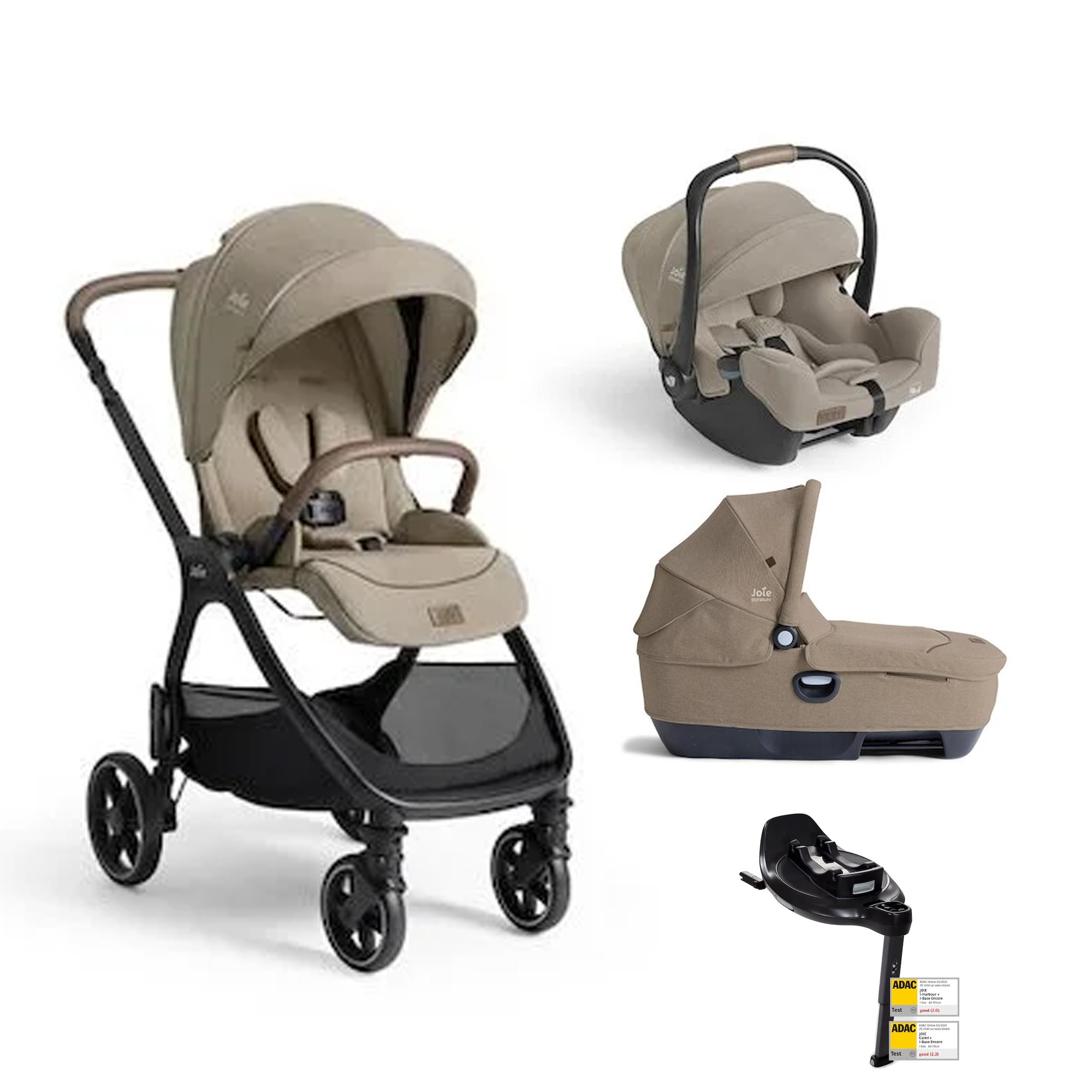 Joie Pack poussette trio XL Valora Sandstone + coque i-starter + nacelle calmi + base encore Unique