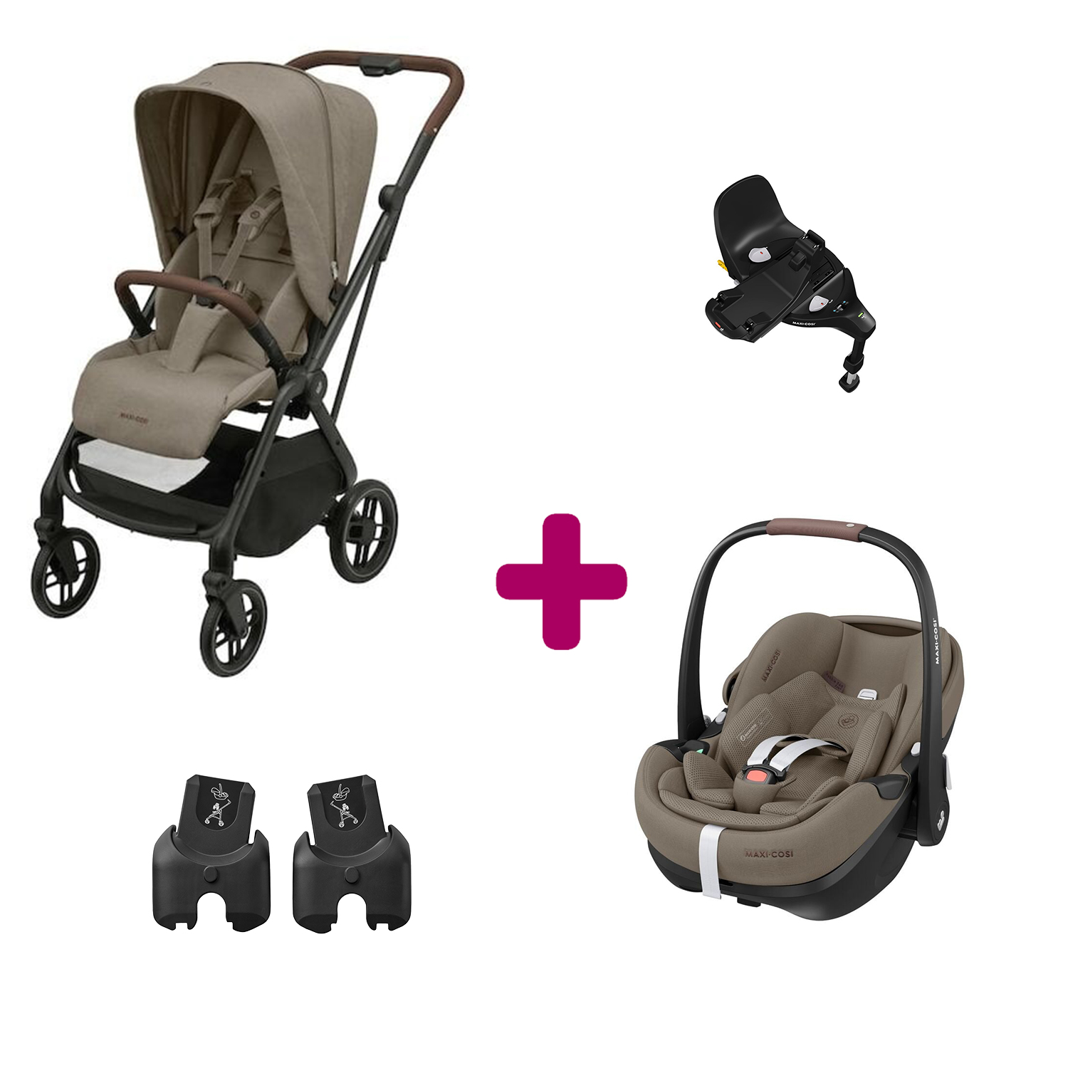 Maxi Cosi Pack Poussette Duo Léona 2 Twillic Truffle + adaptateurs coque + coque Pebble 360 pro 2 + base Familyfix 360 pro Unique