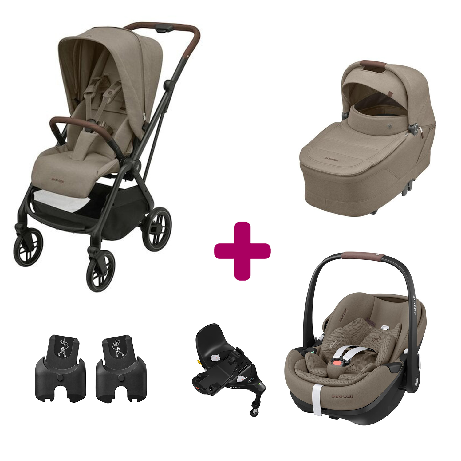 Maxi Cosi Pack Poussette Trio Léona 2 Twillic Truffle + nacelle + adaptateurs coque + coque Pebble 360 pro 2 + Base Familyfix 360 pro Unique