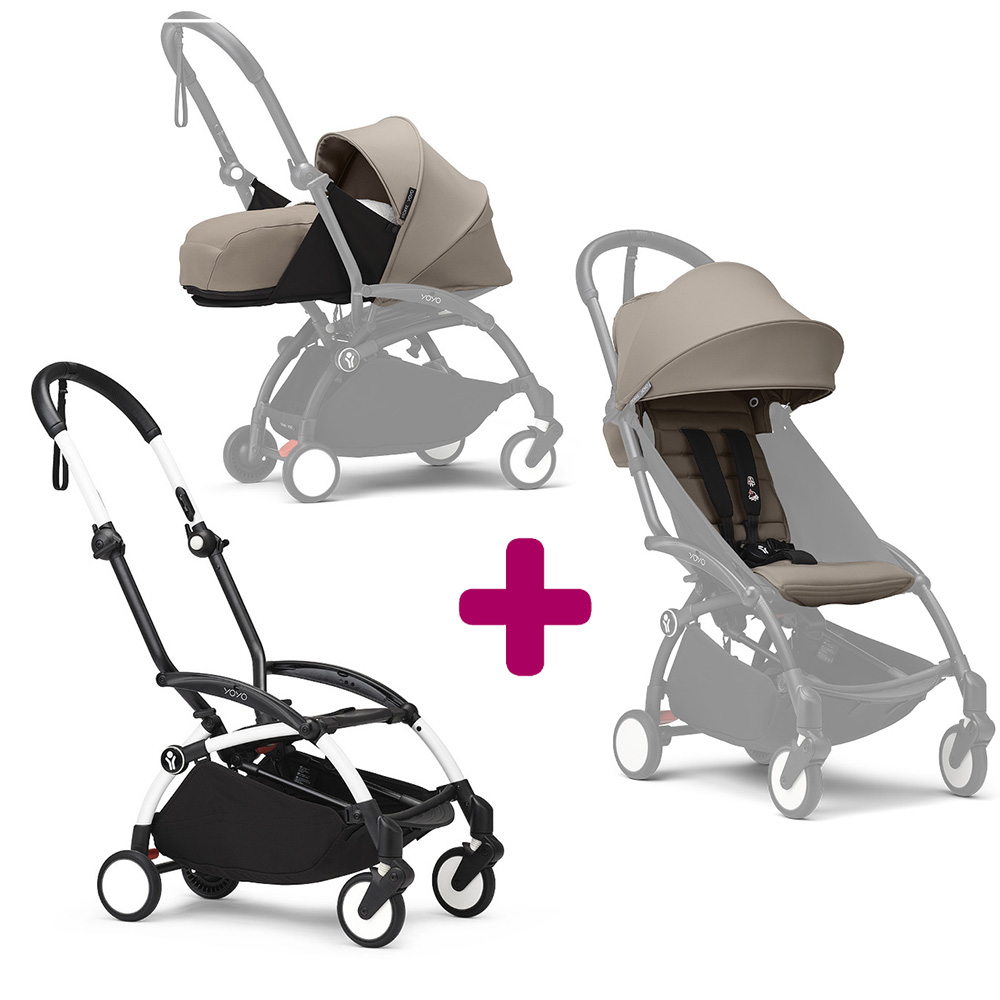Stokke Poussette Yoyo 3 avec pack 0+ nouveau-né et 6+ Taupe Cadre Blanc Unique