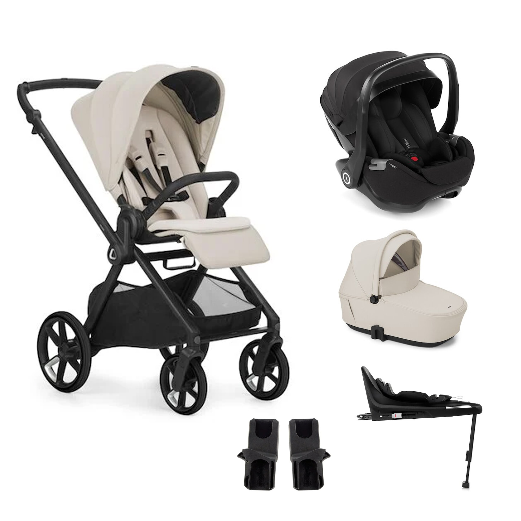 Jané Pack trio Poussette Mumm 5 Sand-li + nacelle sleep + coque allongeable Kombibaby Matt Black + adaptateur + base pivotante Unique
