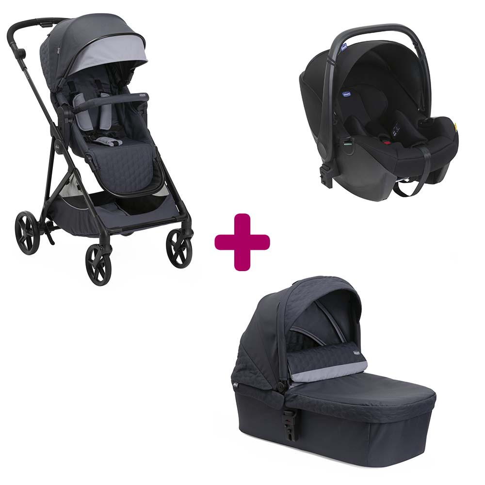 Chicco Pack poussette trio Seety Boston grey + coque Kory essential black + nacelle Boston grey Unique