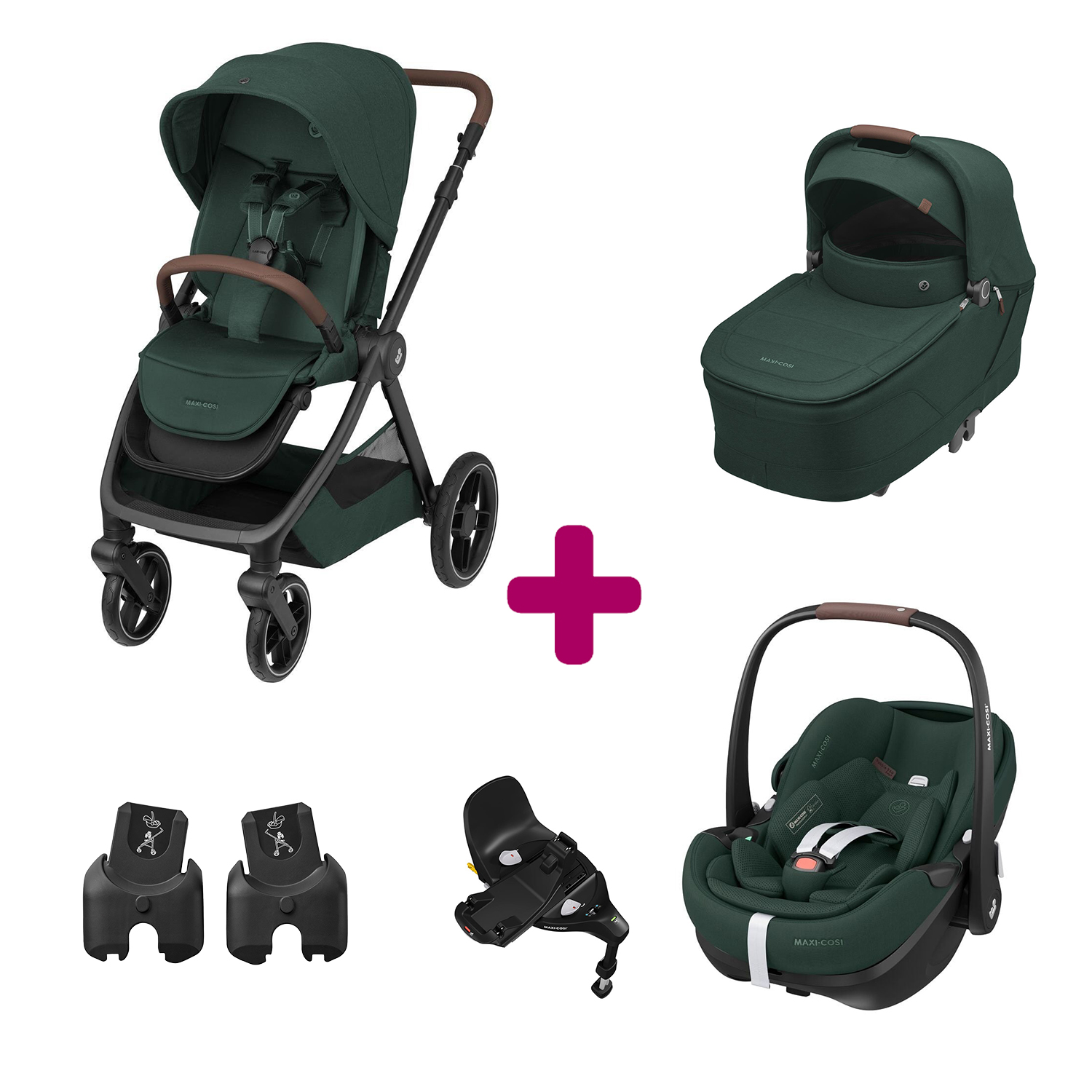 Maxi Cosi Pack Poussette Trio Oxford Twillic Green + Nacelle + adaptateurs coques + coque Pebble 360 pro 2 + base Familyfix 360 pro Unique