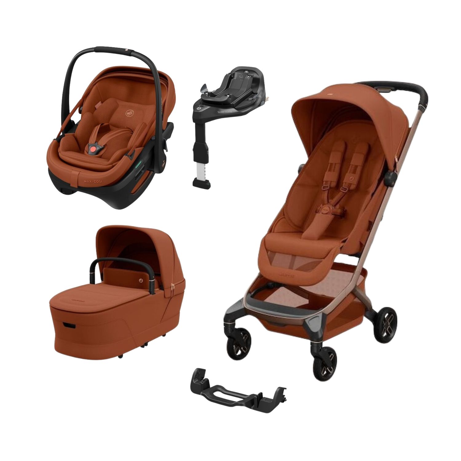 Maxi Cosi Pack Poussette Trio Fame Cabin Copper terra + adaptateurs coque Coral + coque Coral Copper Terra + nacelle + base Unique