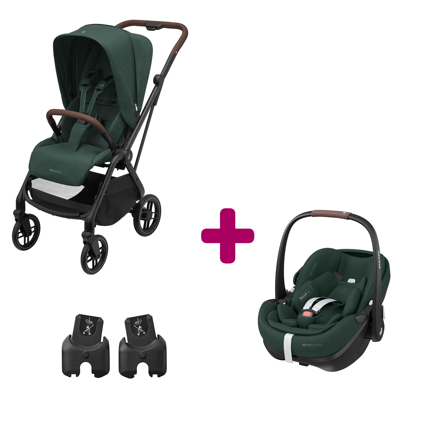 Maxi Cosi Pack Poussette Duo Léona 2 Twillic Green + adaptateurs coque + coque Pebble 360 pro 2 Unique