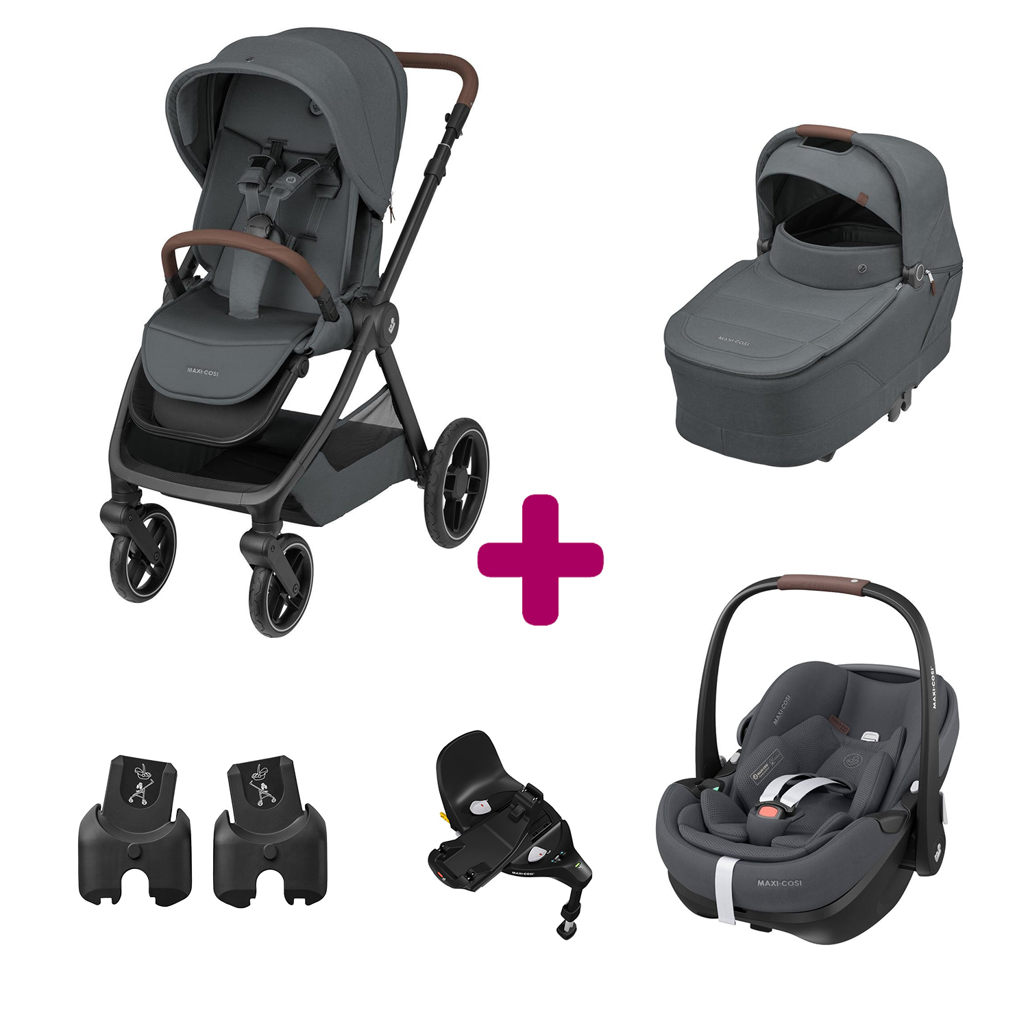 Maxi Cosi Pack Poussette Trio Oxford Twillic Graphite + Nacelle + adaptateurs coques + coque Pebble 360 pro 2 + base Familyfix 360 pro Unique