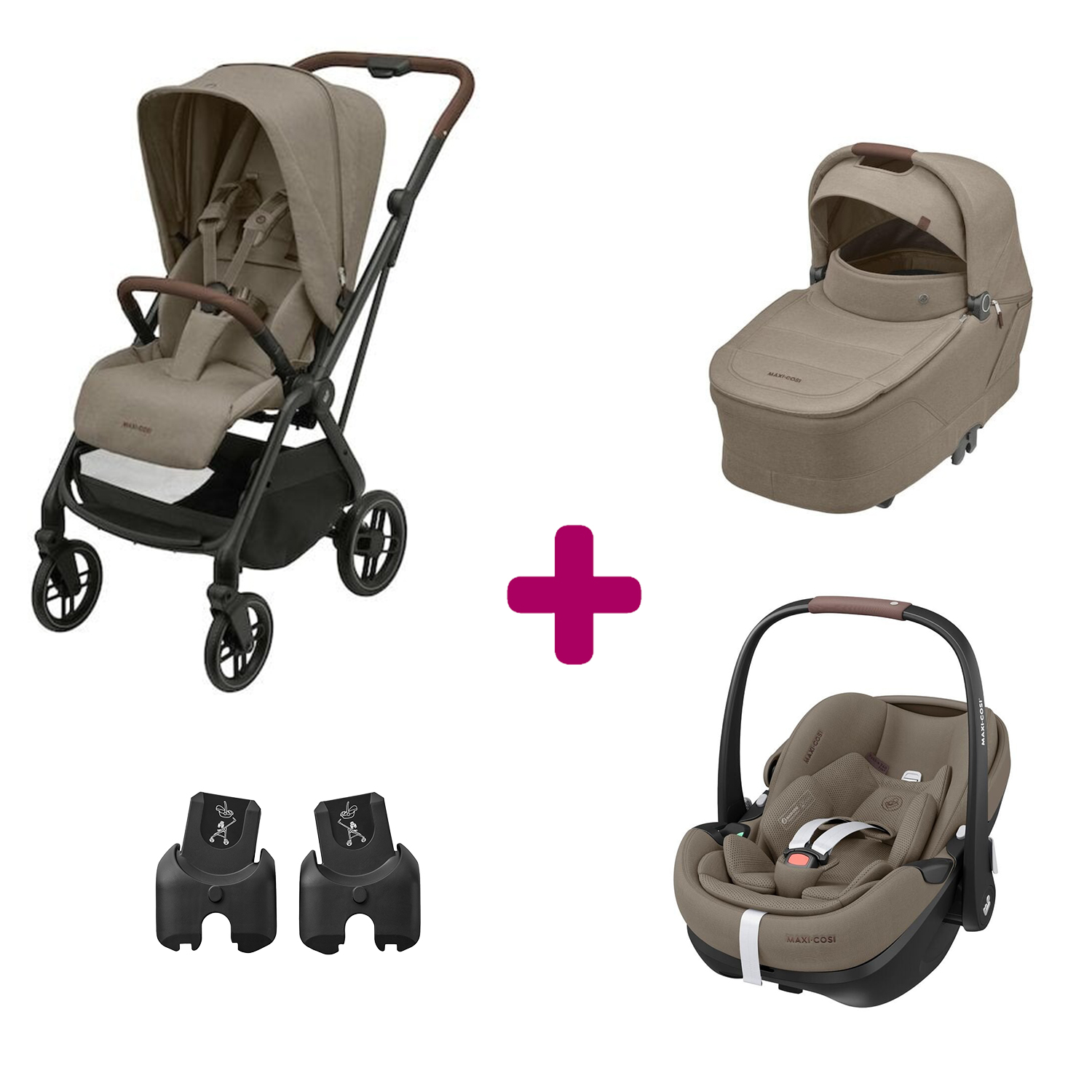 Maxi Cosi Pack Poussette Trio Léona 2 Twillic Truffle + nacelle + adaptateurs coque + coque Pebble 360 pro 2 Unique