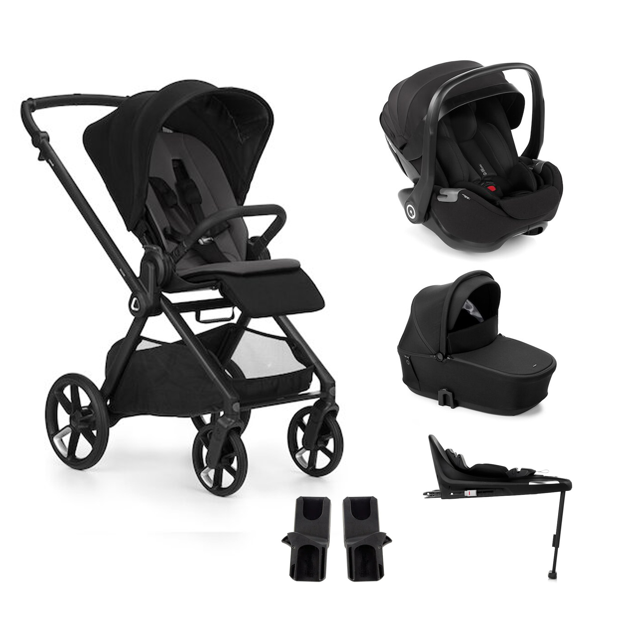 Jané Pack trio Poussette Mumm 5 Coal + nacelle sleep + coque allongeable Kombibaby Matt Black + adaptateur + base pivotante Unique