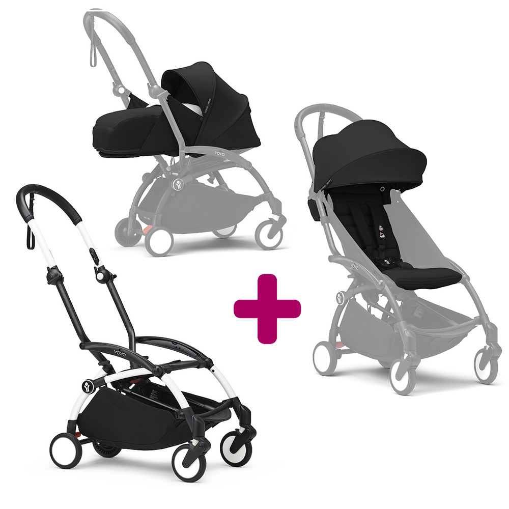 Stokke Poussette Yoyo 3 avec pack 0+ nouveau-né et 6+ Noir Cadre Blanc Unique