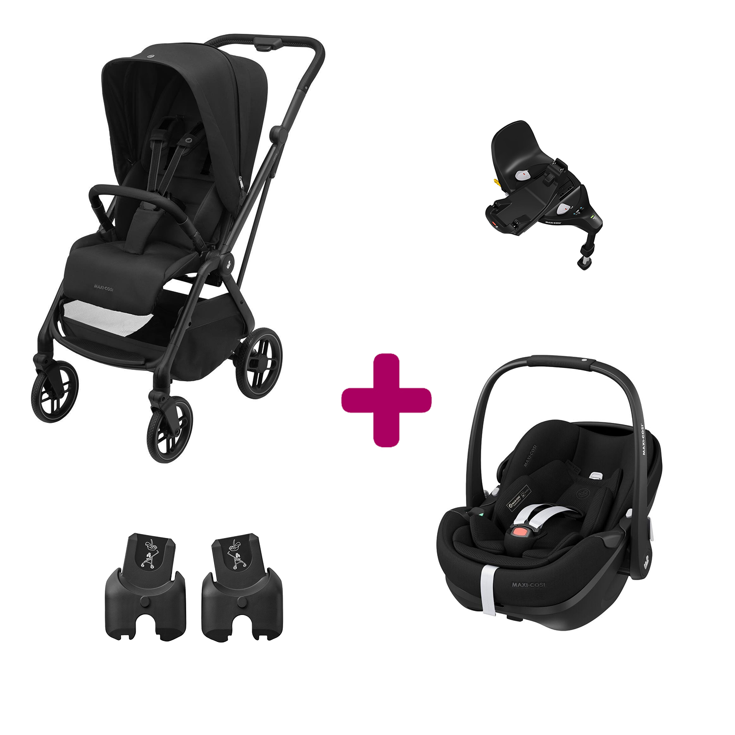 Maxi Cosi Pack Poussette Duo Léona 2 Twillic Black + adaptateurs coque + coque Pebble 360 pro 2 + base Familyfix 360 pro Unique