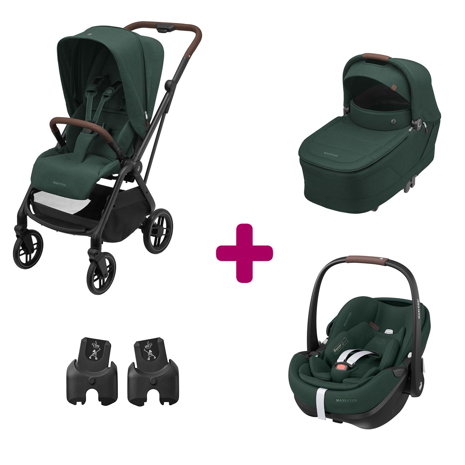 Maxi Cosi Pack Poussette Trio Léona 2 Twillic Green + nacelle + adaptateurs coque + coque Pebble 360 pro 2 Unique