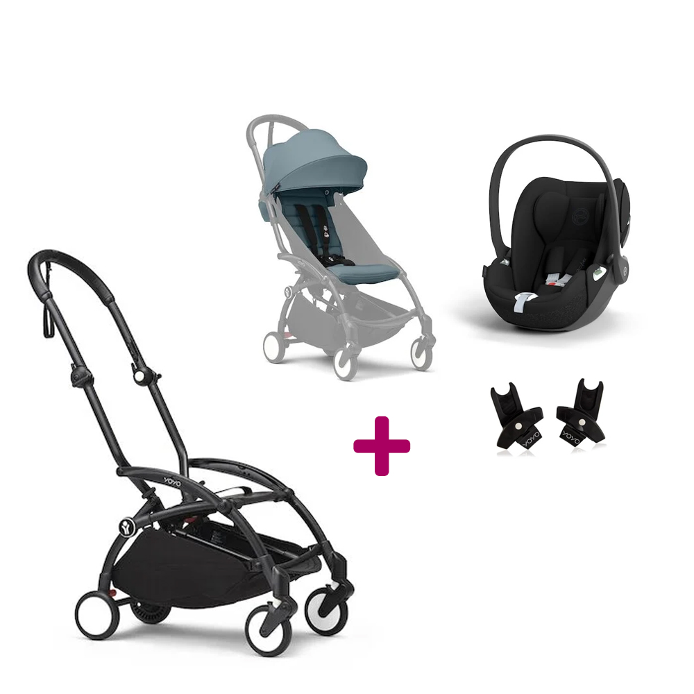 Stokke Pack Poussette Duo Yoyo 3 Aqua Cadre Noir + coque Cloud T Sepia Black+ adaptateurs Unique