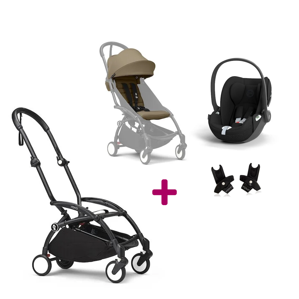 Stokke Pack Poussette Duo Yoyo 3 Toffee Cadre Noir + coque Cloud T Sepia Black + adaptateurs Unique
