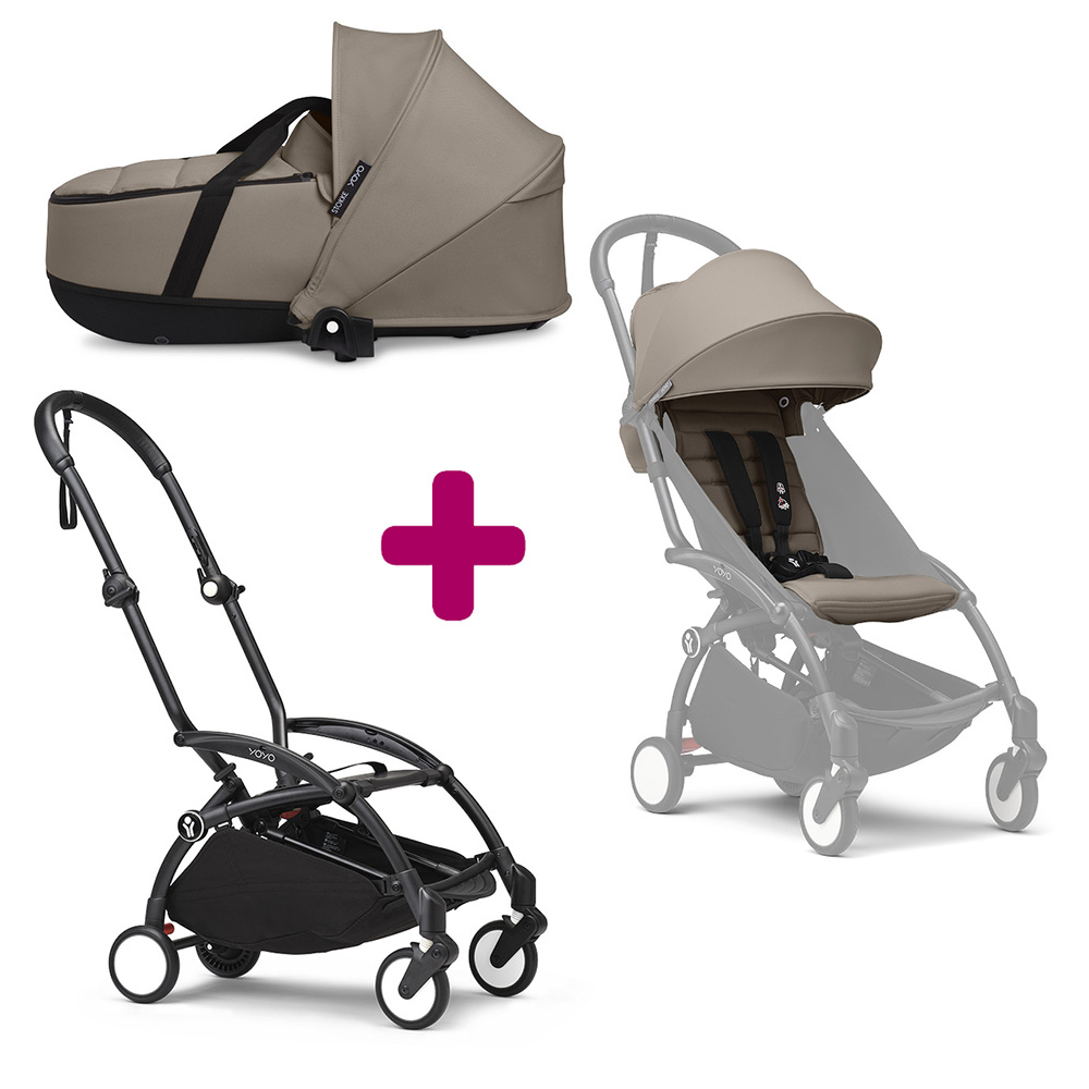 Stokke Pack Poussette duo chassis YOYO³ Noir + pack 6+ YOYO³ Taupe + nacelle YOYO³ Taupe Unique