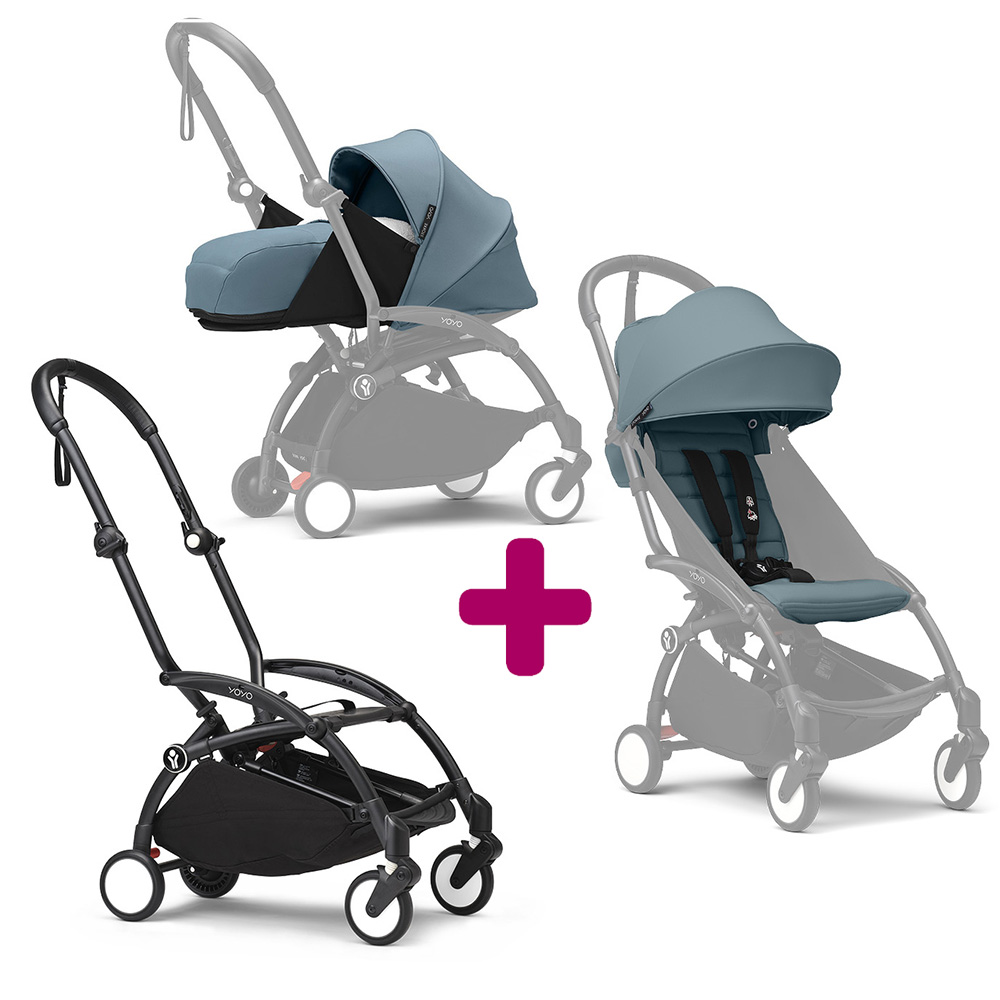 Stokke Poussette Yoyo 3 avec pack 0+ nouveau-né et 6+ Aqua Cadre Noir Unique