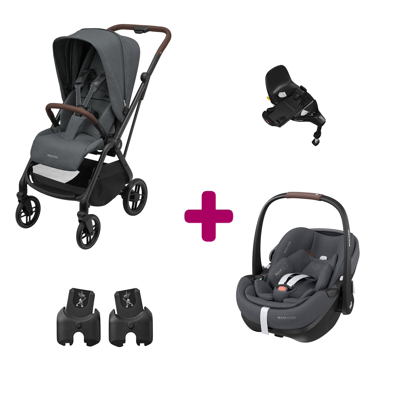 Maxi Cosi Pack Poussette Duo Léona 2 Twillic Graphite + adaptateurs coque + coque Pebble 360 pro 2 + base Familyfix 360 pro Unique