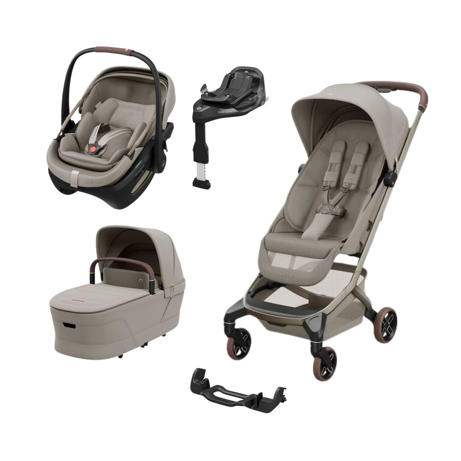 Maxi Cosi Pack Poussette Trio Fame Cabin Sapphire sand + adaptateurs coque Coral + coque Coral Sapphire sand + nacelle + base Unique