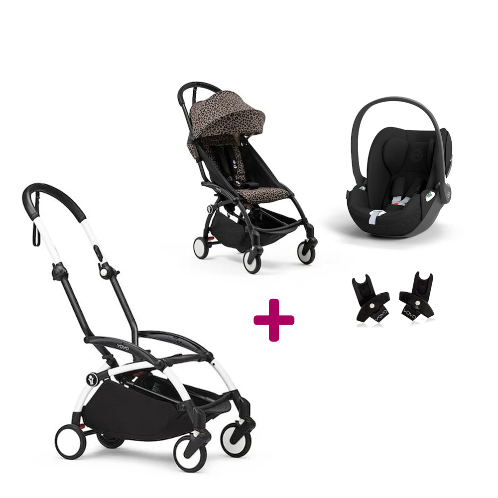 Stokke Pack Poussette Duo Yoyo 3 Léopard Cadre Blanc + coque Cloud T Sepia Black + adaptateurs Unique