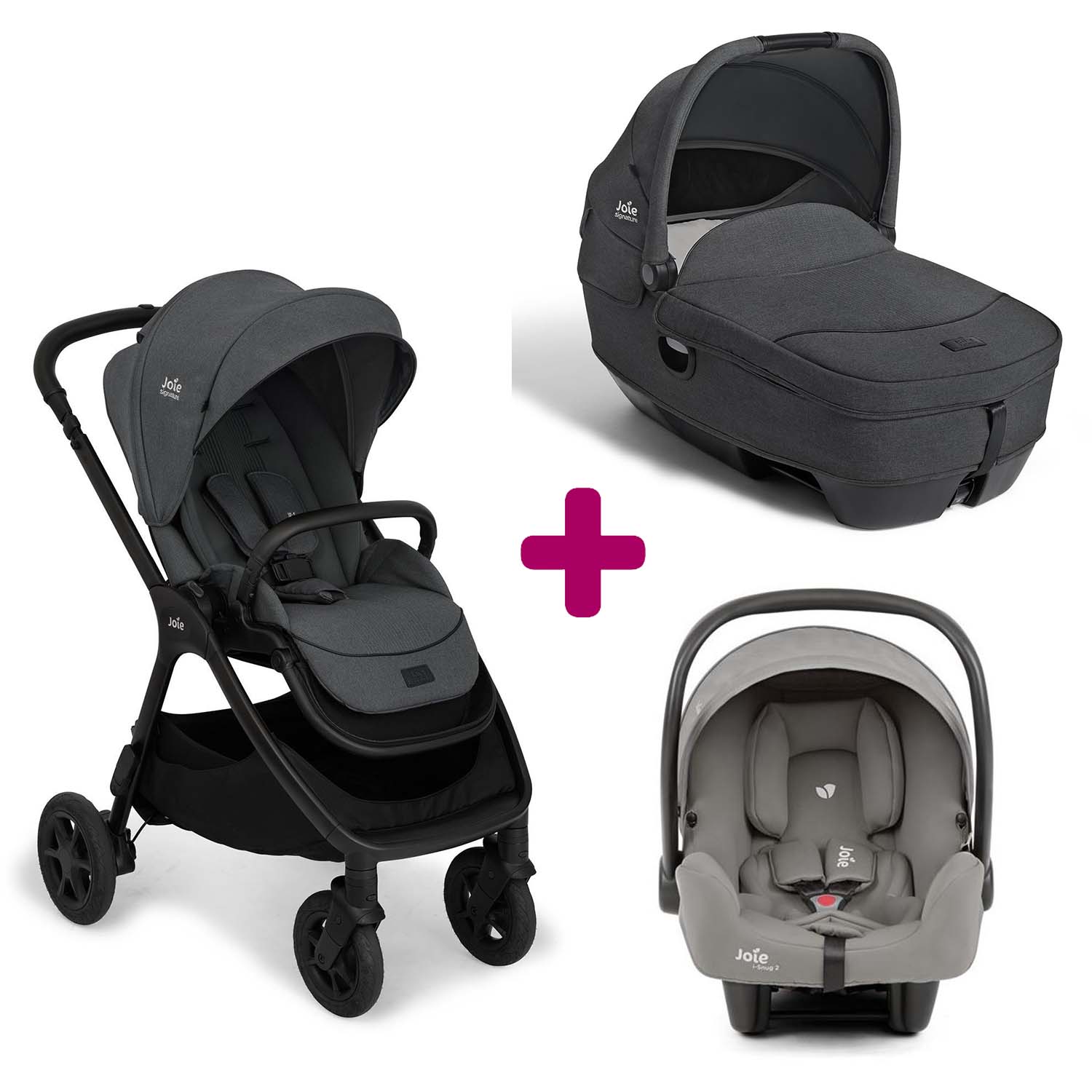 Joie Pack poussette trio Finiti Ebony + nacelle Calmi Ebony + coque I Snug 2 Shale Pebble Unique