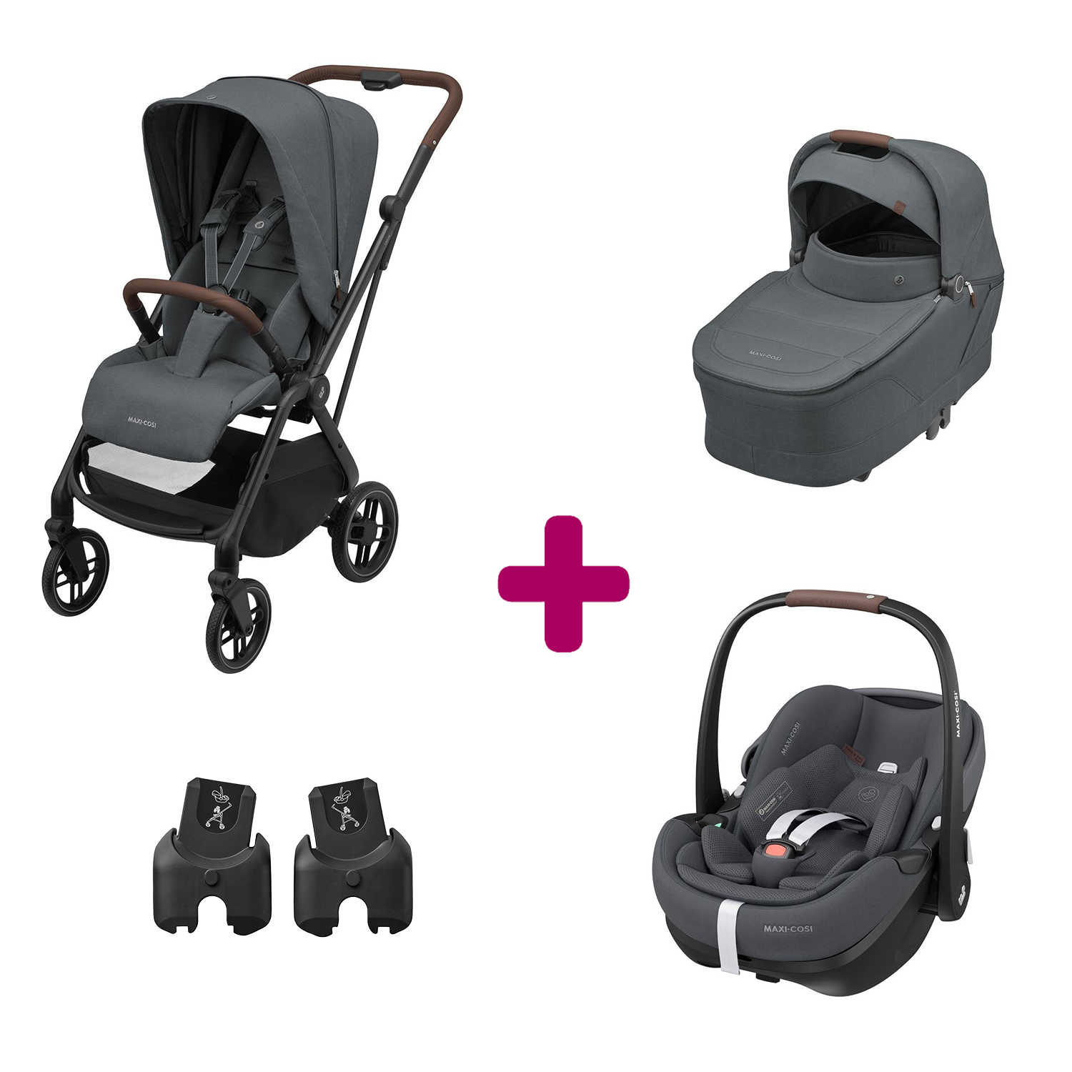 Maxi Cosi Pack Poussette Trio Léona 2 Twillic Graphite + nacelle + adaptateurs coque + coque Pebble 360 pro 2 Unique