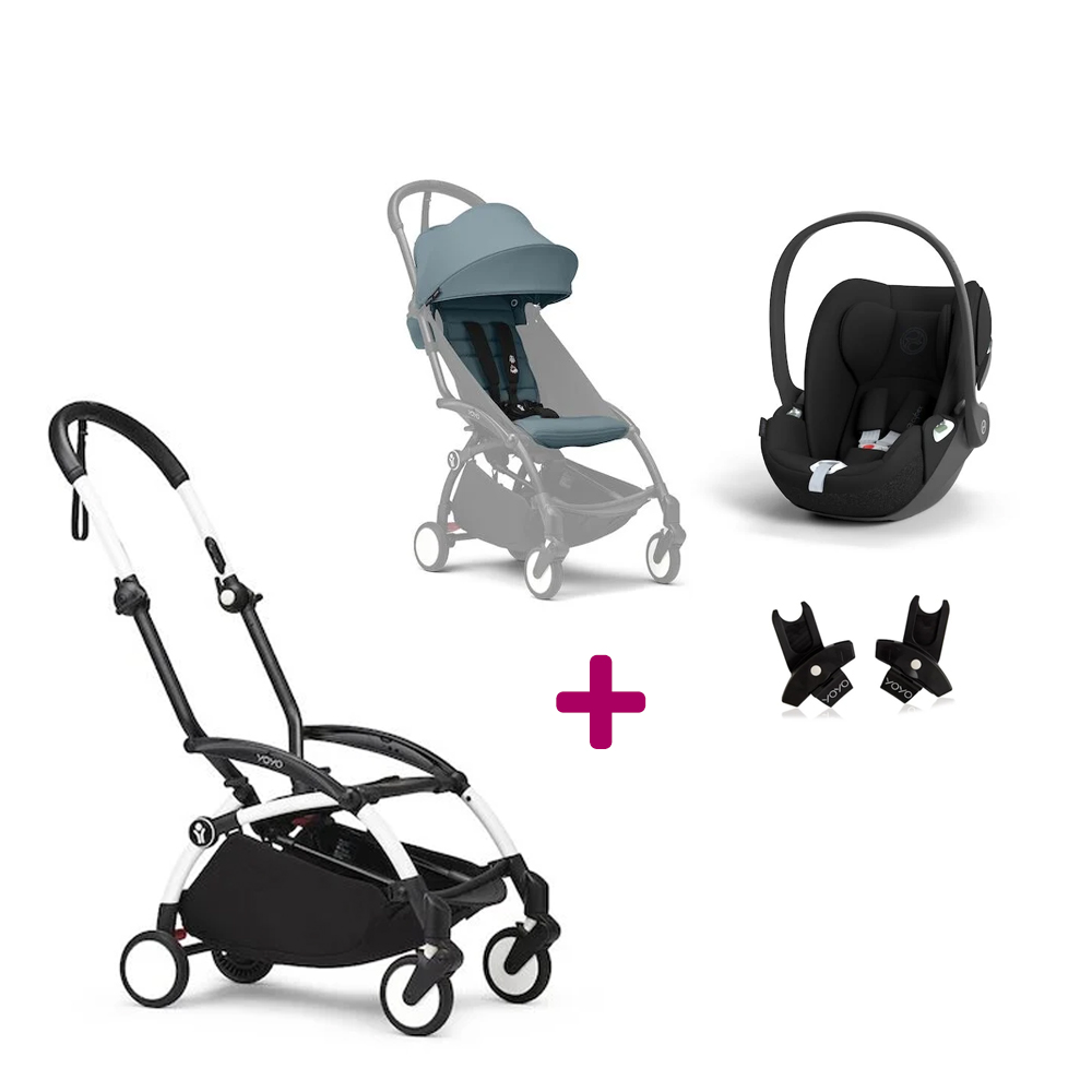 Stokke Pack Poussette Duo Yoyo 3 Aqua Cadre Blanc + coque Cloud T Sepia Black + adaptateurs Unique
