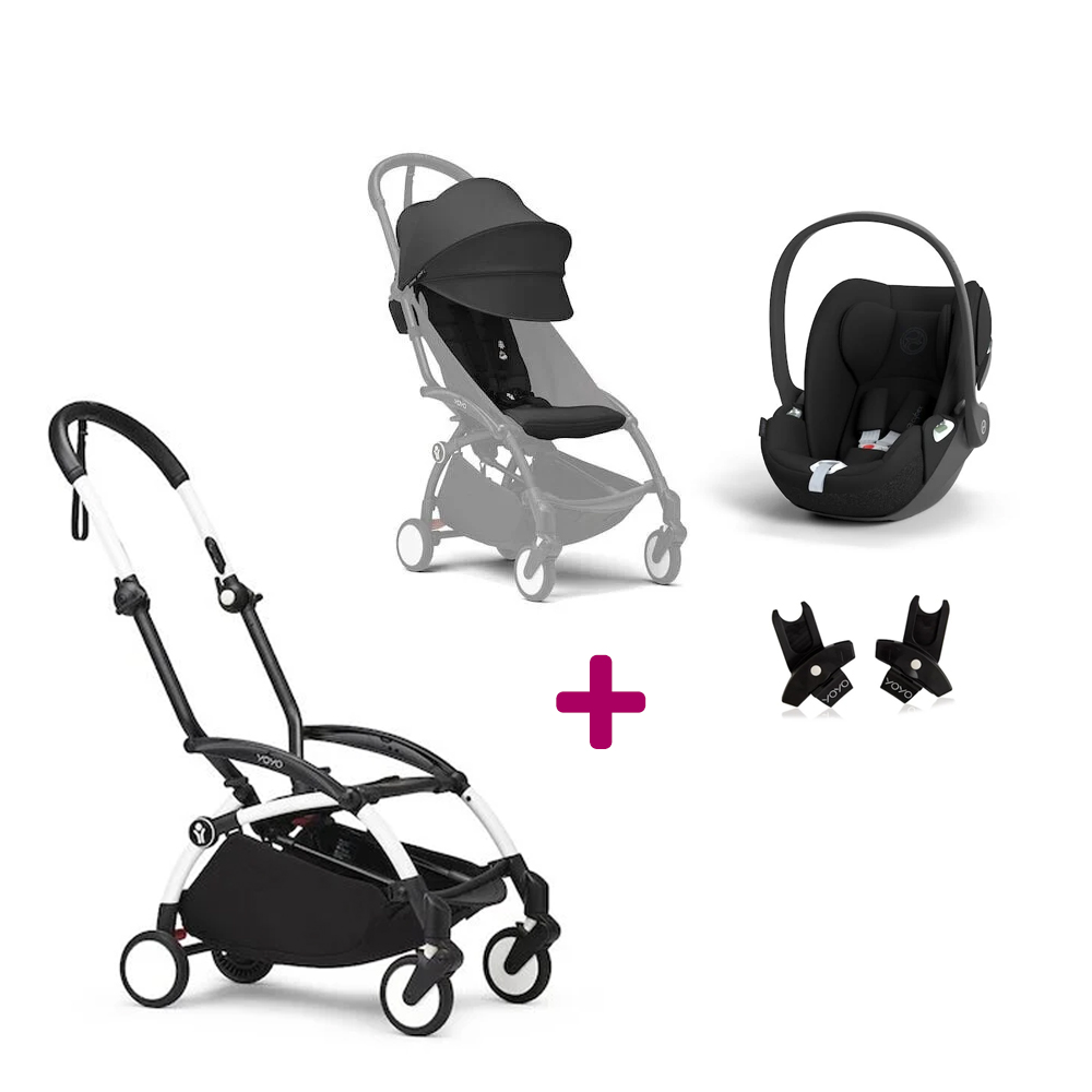 Stokke Pack Poussette Duo Yoyo 3 Noir Cadre Blanc + coque Cloud T Sepia Black + adaptateurs Unique