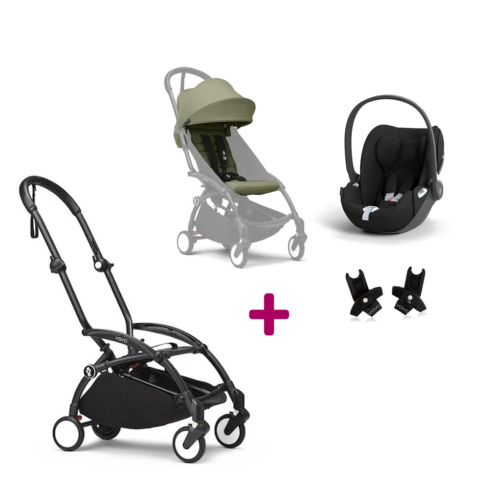 Stokke Pack Poussette Duo Yoyo 3 Olive Cadre Noir + coque Cloud T Sepia Black + adaptateurs Unique