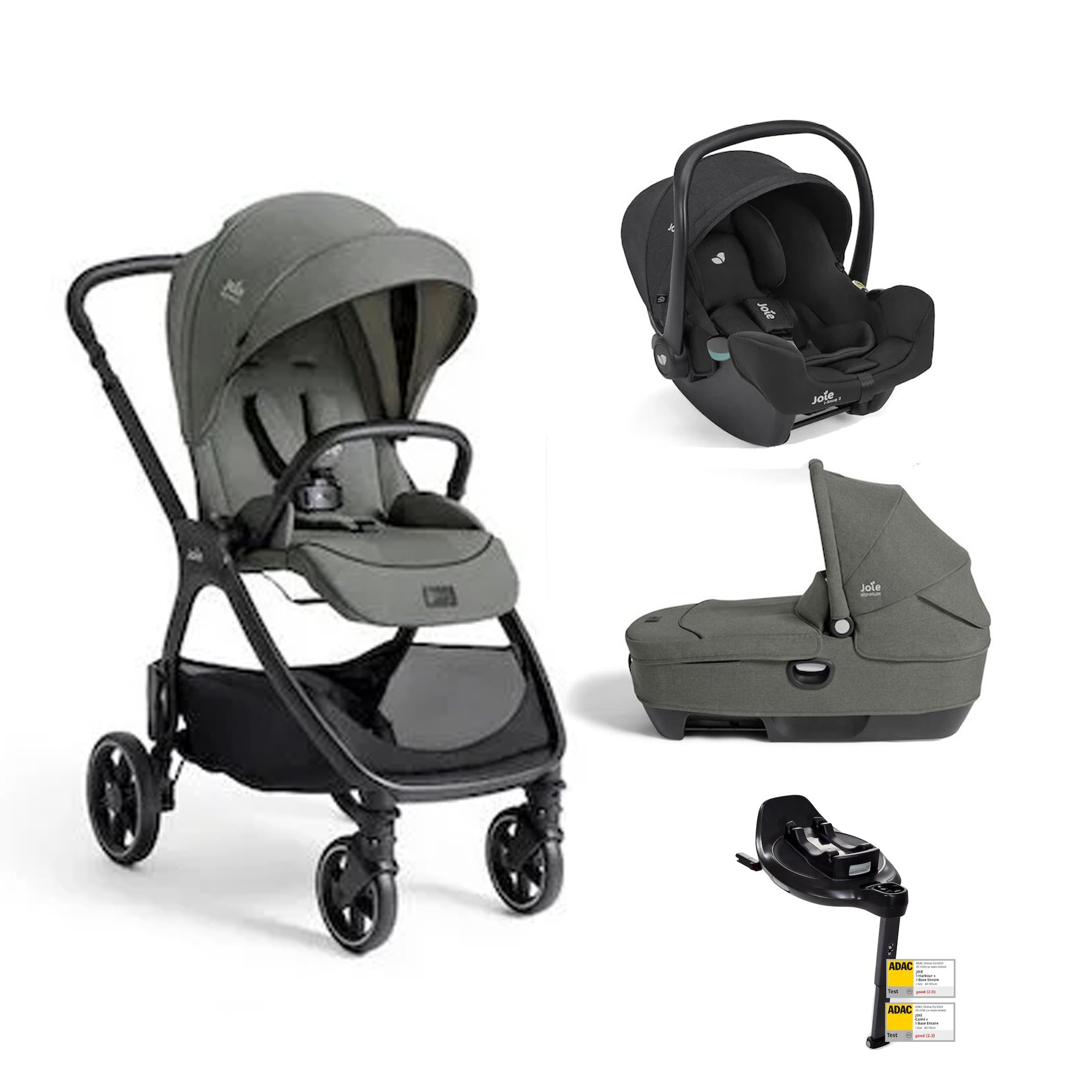 Joie Pack poussette trio XL Valora Evergreen + coque i-starter + nacelle calmi + base encore Unique