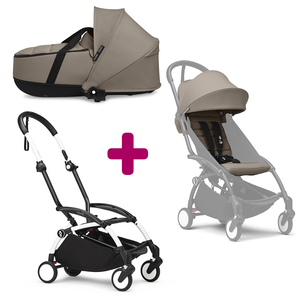 Stokke Pack Poussette duo chassis YOYO³ Blanc + pack 6+ YOYO³ Taupe + nacelle YOYO³ Taupe Unique