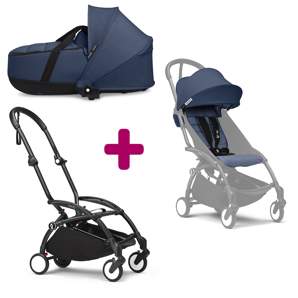 Stokke Pack Poussette duo chassis YOYO³ Noir + pack 6+ YOYO³ Bleu Air France + nacelle YOYO³ Air France Unique
