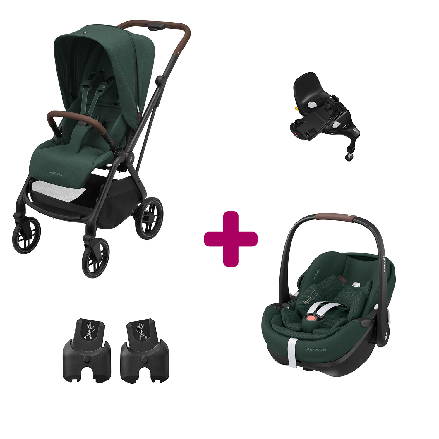 Maxi Cosi Pack Poussette Duo Léona 2 Twillic Green + adaptateurs coque + coque Pebble 360 pro 2 + base Familyfix 360 pro Unique