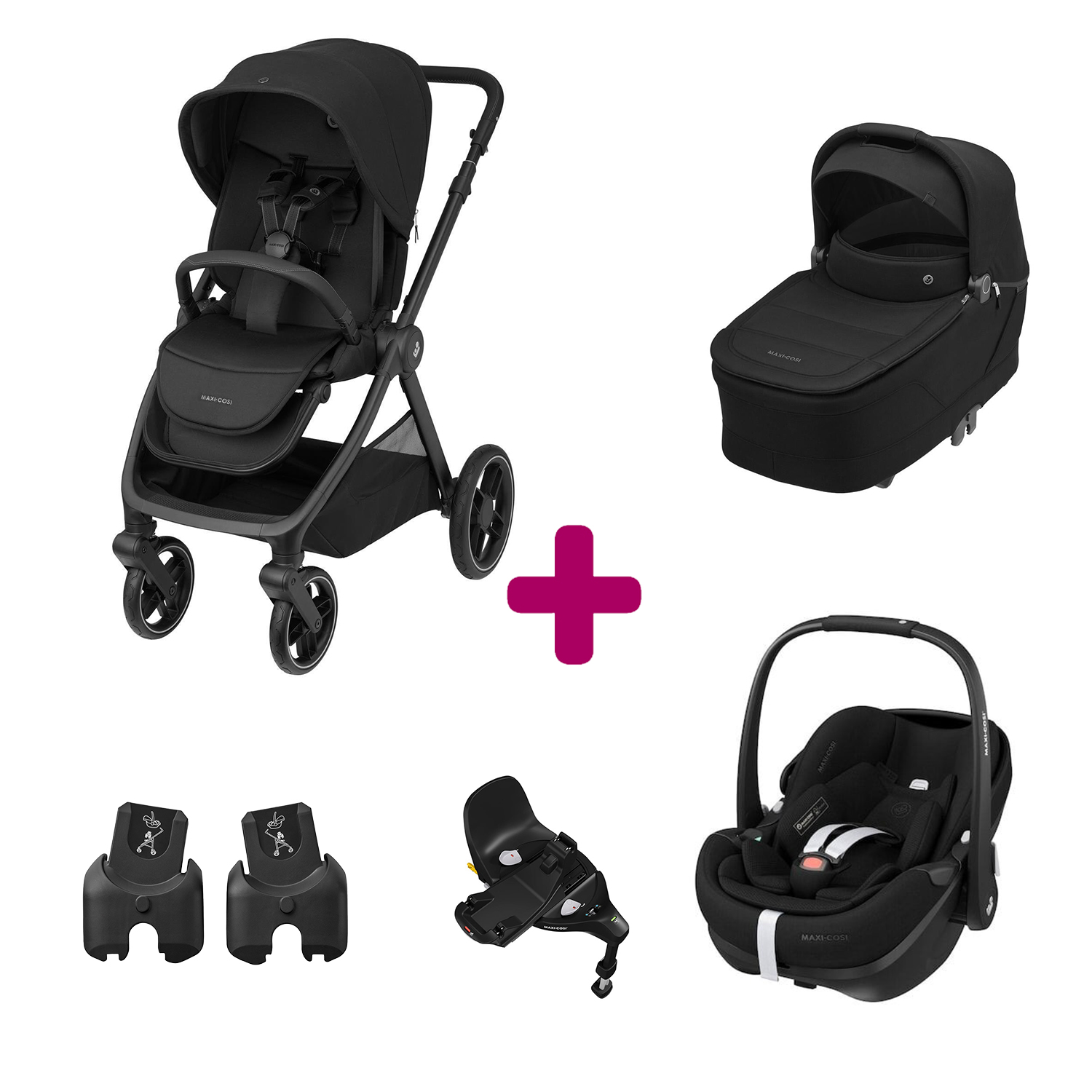 Maxi Cosi Pack Poussette Trio Oxford Twillic Black + Nacelle + adaptateurs coques + coque Pebble 360 pro 2 + base Familyfix 360 pro Unique