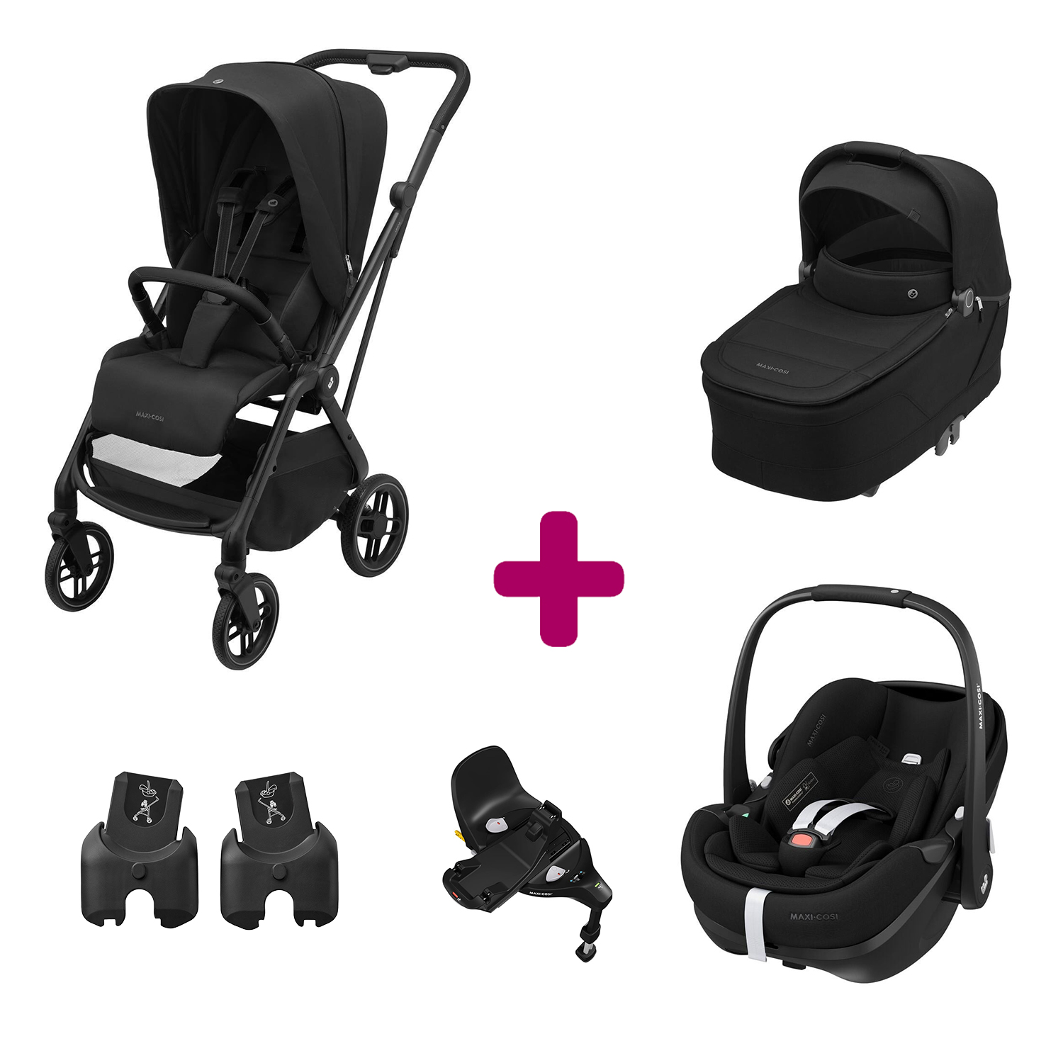 Maxi Cosi Pack Poussette Trio Léona 2 Twillic Black + nacelle + adaptateurs coque + coque Pebble 360 pro 2 + Base Familyfix 360 pro Unique
