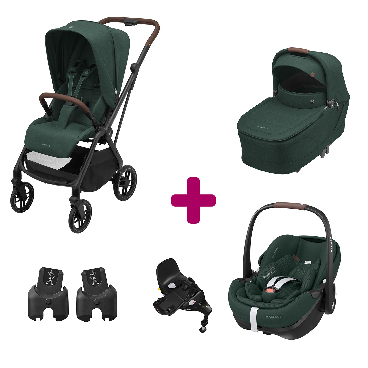 Maxi Cosi Pack Poussette Trio Léona 2 Twillic Green + nacelle + adaptateurs coque + coque Pebble 360 pro 2 + Base Familyfix 360 pro Unique