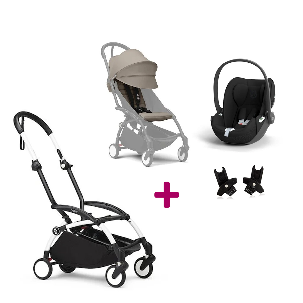 Stokke Pack Poussette Duo Yoyo 3 Taupe Cadre Blanc + coque Cloud T Sepia Black + adaptateurs Unique