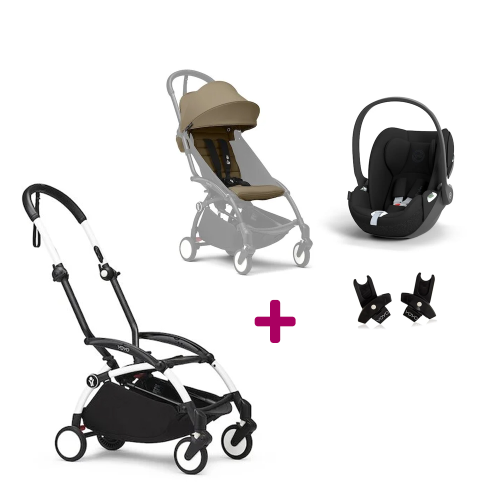 Stokke Pack Poussette Duo Yoyo 3 Toffee Cadre Blanc + coque Cloud T Sepia Black + adaptateurs Unique