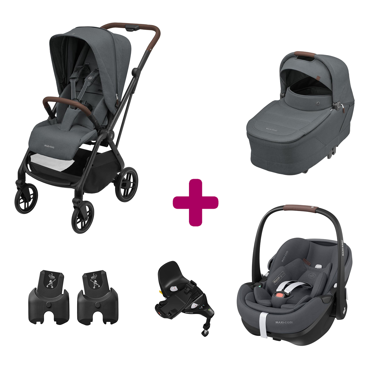 Maxi Cosi Pack Poussette Trio Léona 2 Twillic Graphite + nacelle + adaptateurs coque + coque Pebble 360 pro 2 + Base Familyfix 360 pro Unique