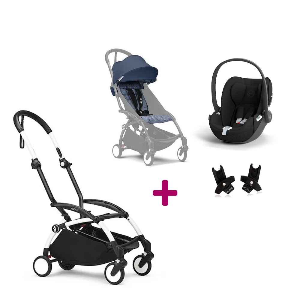Stokke Pack Poussette Duo Yoyo 3 Bleu Air France Cadre Blanc + coque Cloud T Sepia Black + adaptateurs Unique