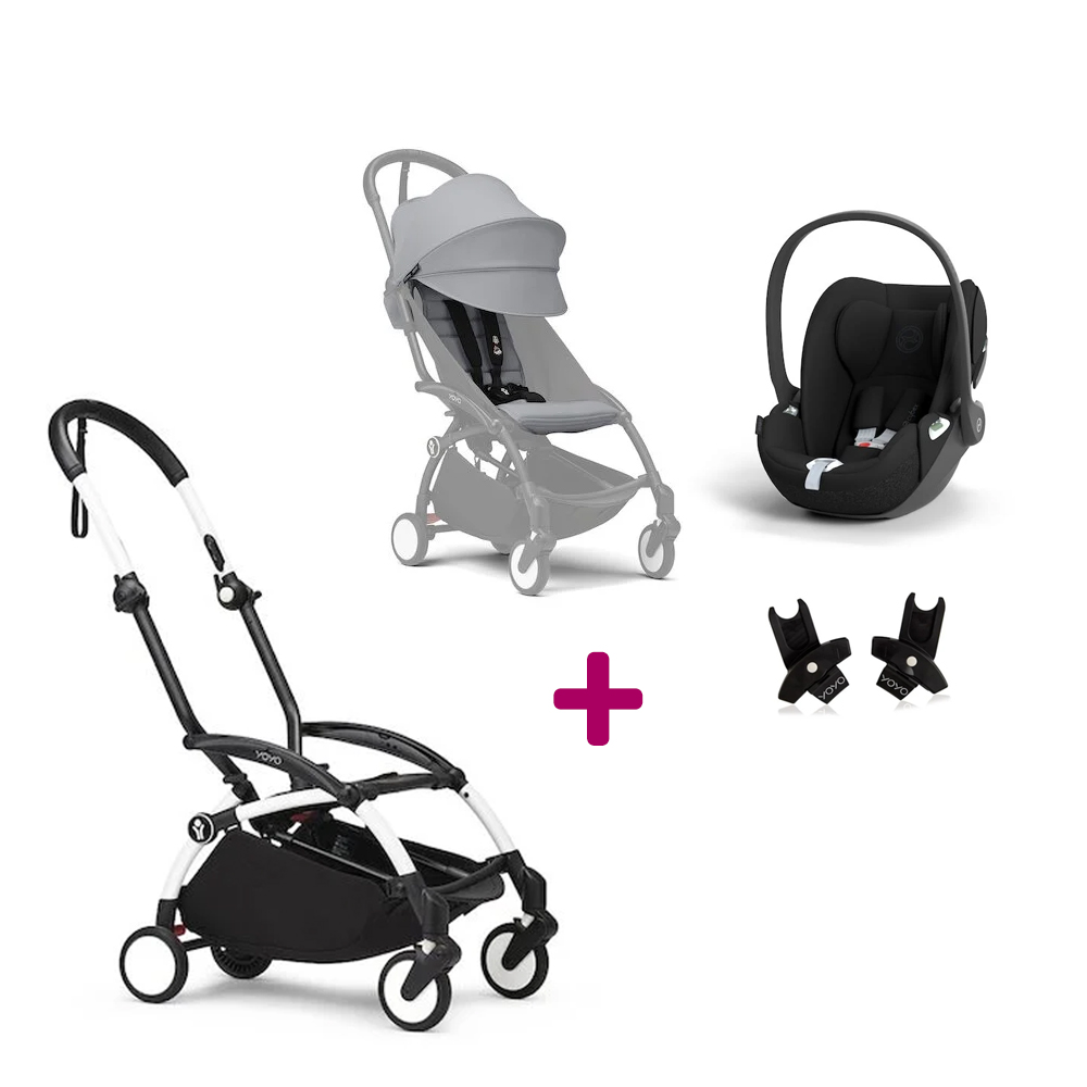 Stokke Pack Poussette Duo Yoyo 3 Stone Cadre Blanc + coque Cloud T Sepia Black + adaptateurs Unique