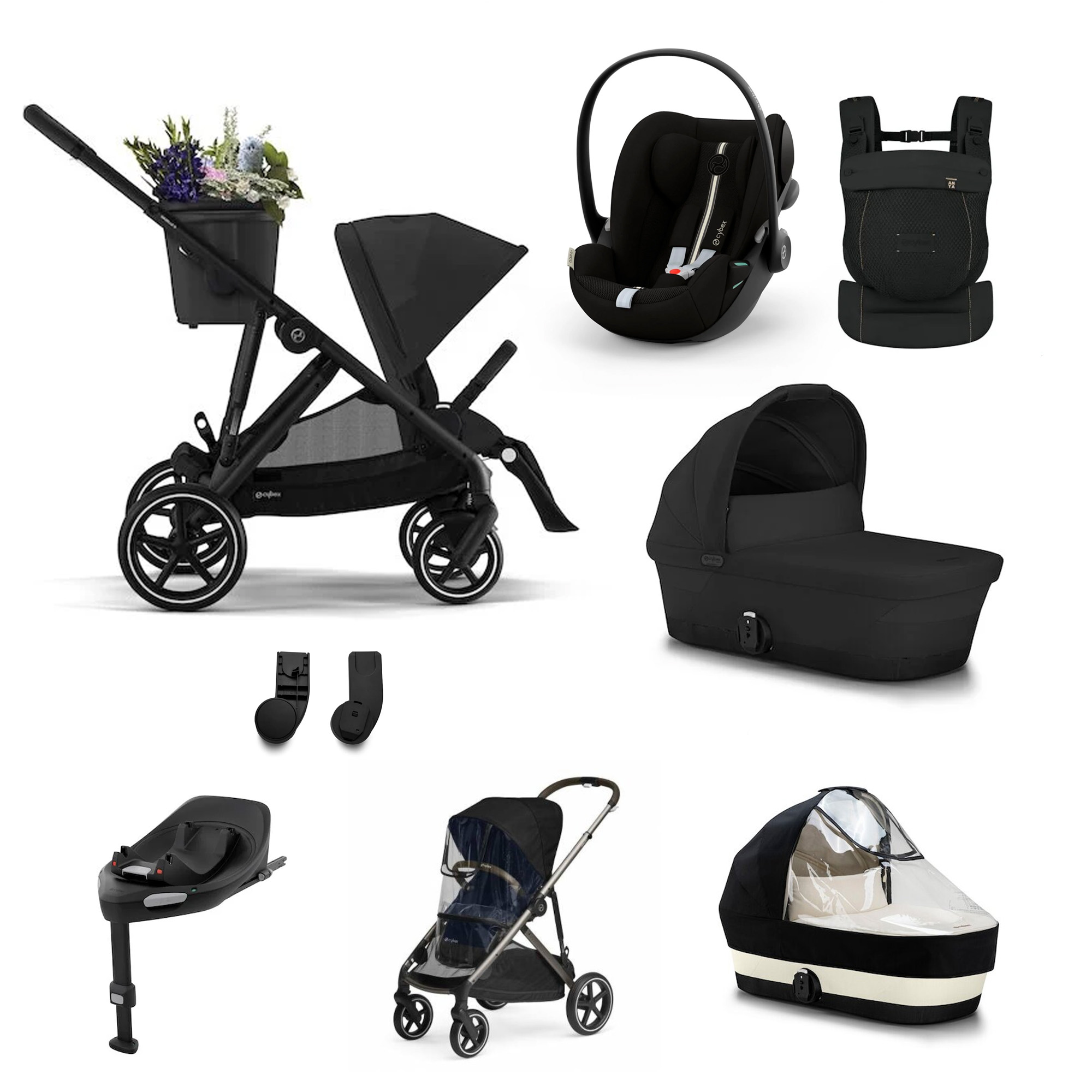 Cybex Pack XL Poussette Gazelle Moon Black + nacelle + coque Cloud G tissu plus + base G + porte-bébé AMYA Magic Black + accessoires Unique