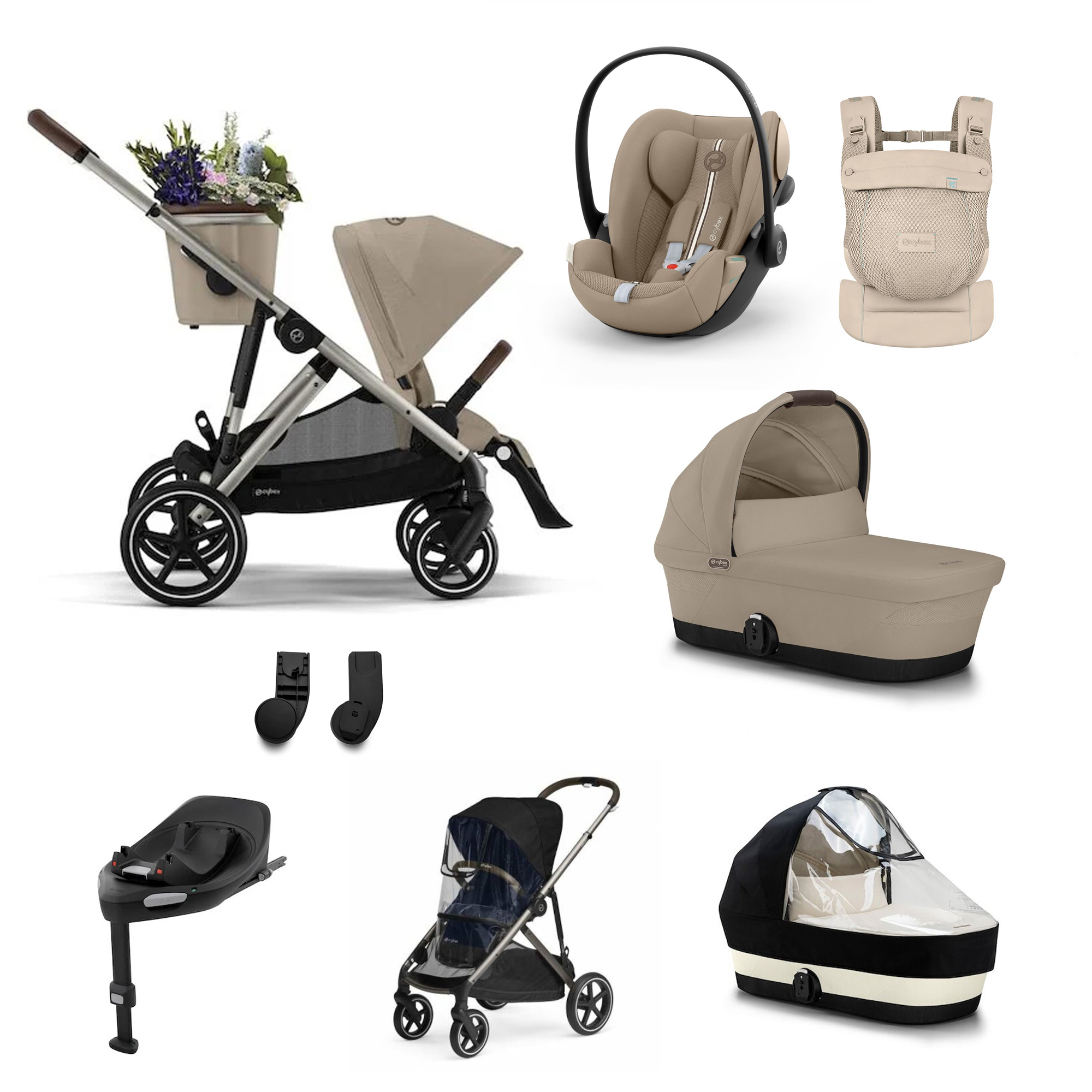Cybex Pack XL Poussette Gazelle Almond Beige + nacelle + coque Cloud G tissu plus + base G + porte-bébé AMYA Almond Beige + accessoires Unique