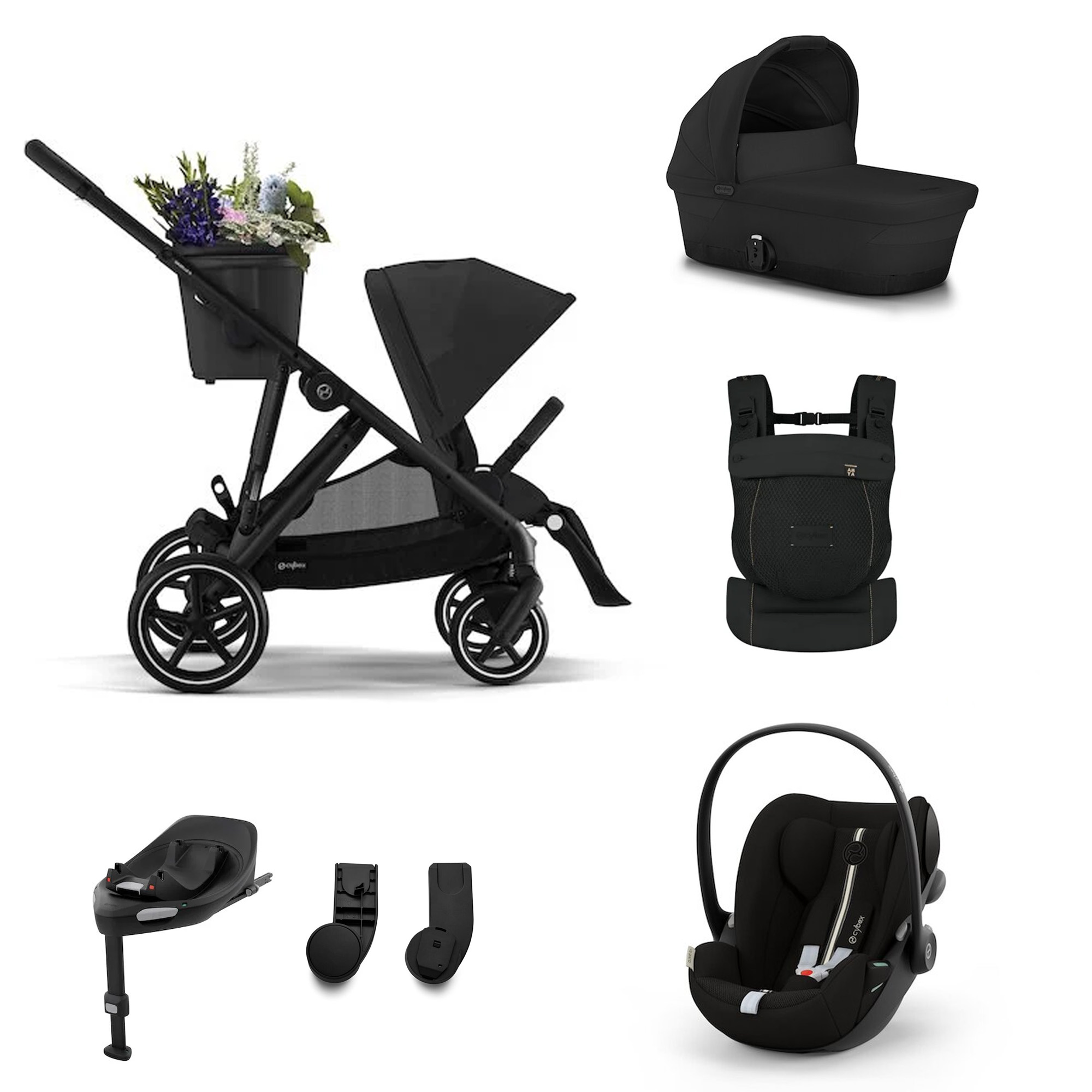 Cybex Pack Poussette Gazelle Moon Black + nacelle + adaptateur+ coque Cloud G tissu plus + base G + porte-bébé AMYA Magic Black Unique