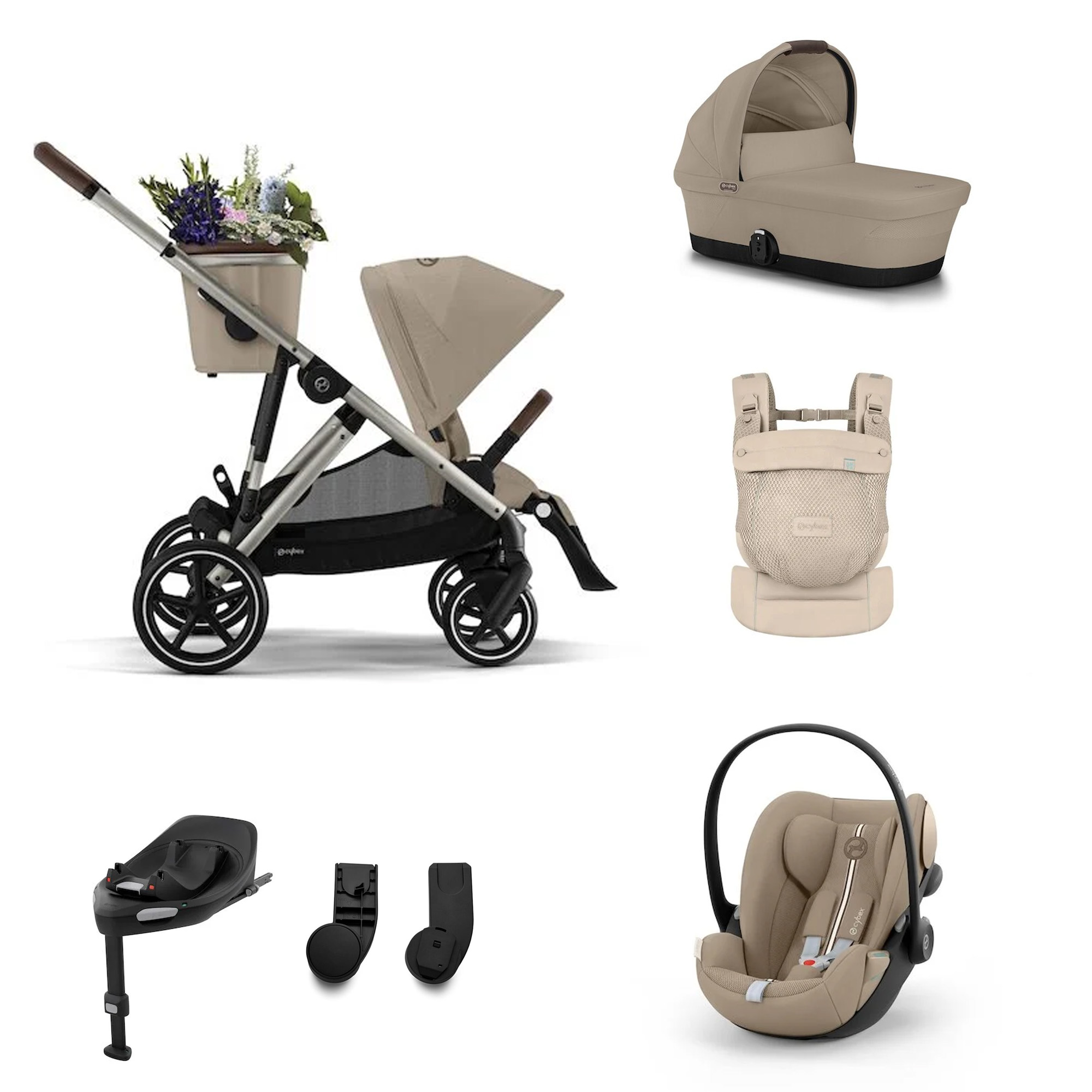 Cybex Pack Poussette Gazelle Almond Beige + nacelle + adaptateur + coque Cloud G tissu plus + base G + porte-bébé AMYA Almond Beige Unique