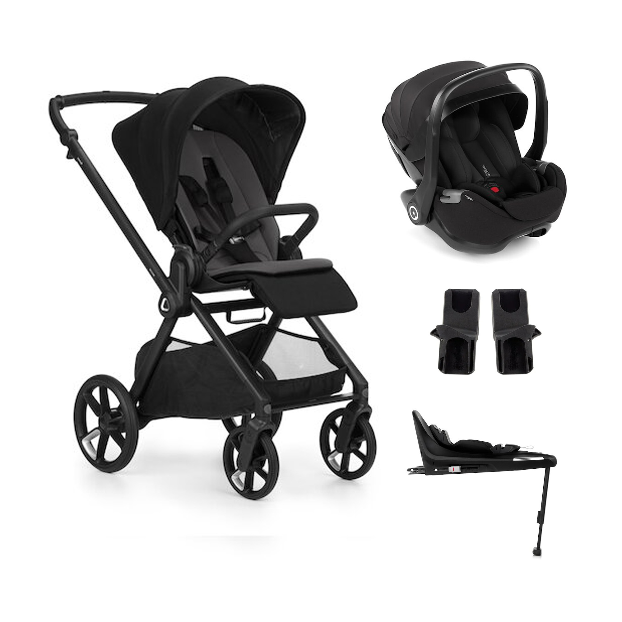 Jané Pack trio Poussette Mumm 5 Coal + coque allongeable Kombibaby Matt Black + adaptateur + base pivotante Unique