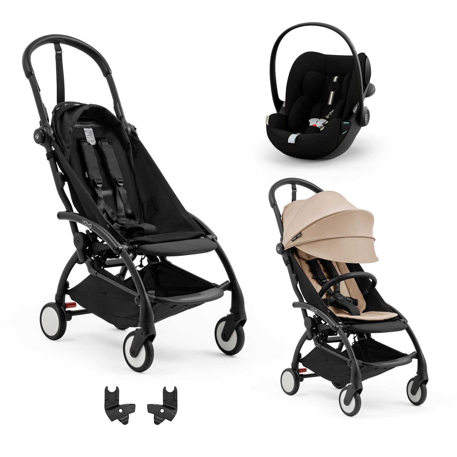Stokke Pack Nouvelle Poussette YOYO 5 noir et Pack 6m Taupe+ adaptateur yoyo 5 + Coque Cloud G3 Plus Moon Black Cybex Unique