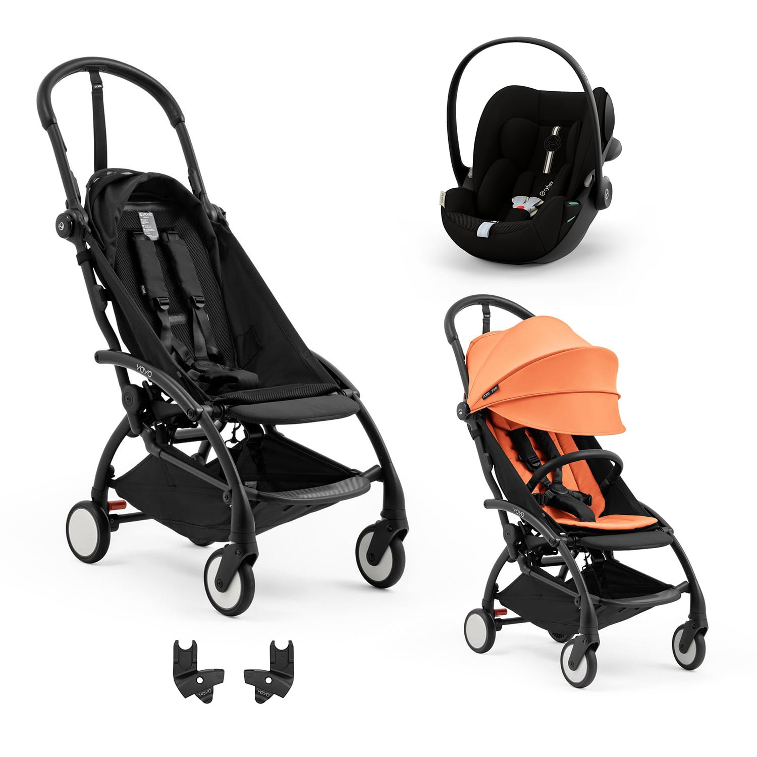 Stokke Pack Nouvelle Poussette YOYO 5 noir et Pack 6m Peach + adaptateur yoyo 5 + Coque Cloud G3 Plus Moon Black Cybex Unique