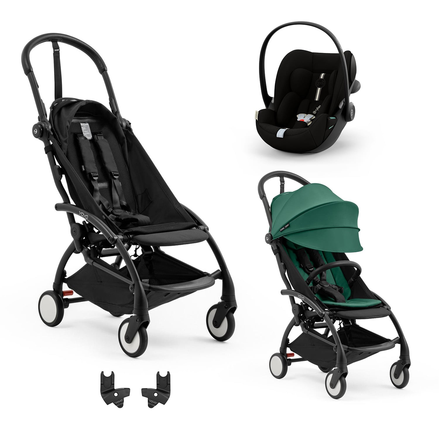 Stokke Pack Nouvelle Poussette YOYO 5 noir et Pack 6m Forest + adaptateur yoyo 5 + Coque Cloud G3 Plus Moon Black Cybex Unique