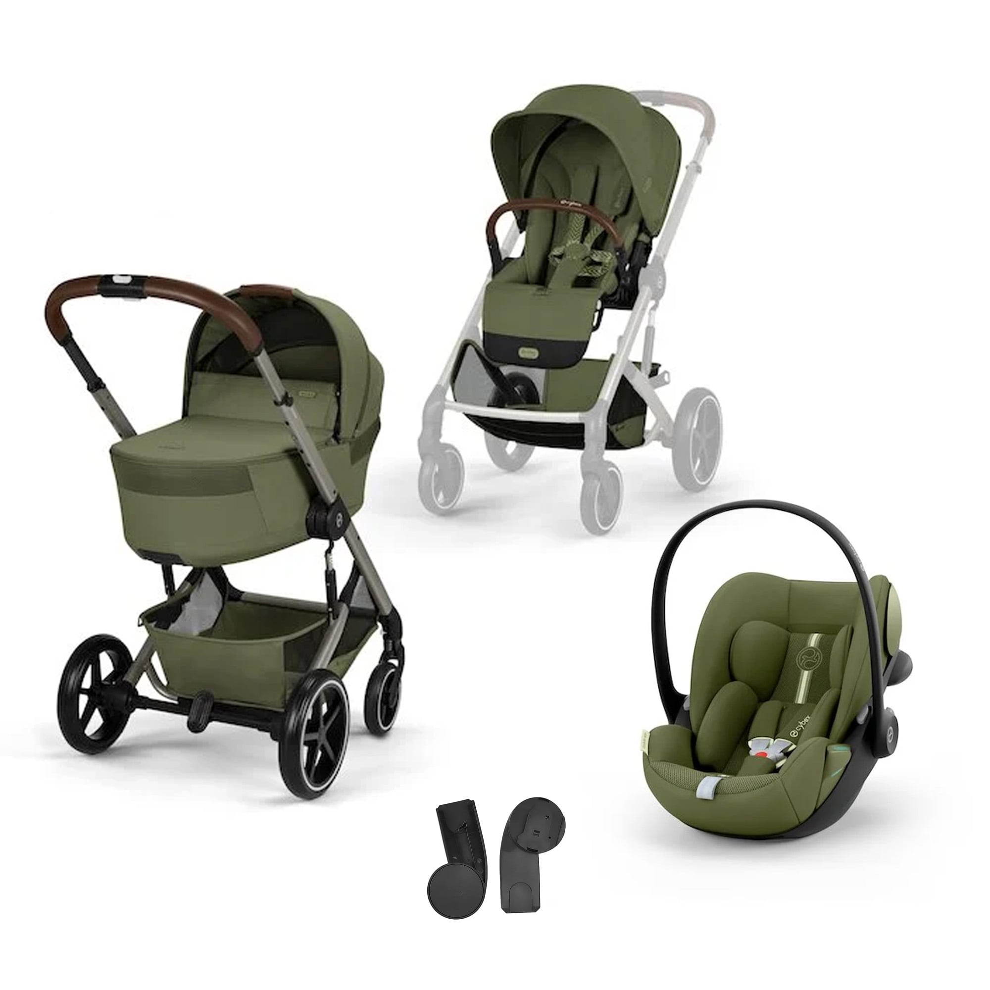 Cybex Pack Poussette Trio Balios S Lux avec Nacelle pliable + coque Cloud G3 tissu plus Moss Green + Adaptateurs coque Unique